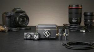 Hollyland Lark M2 wireless microphone close-up showing compact design and clip-on transmitter